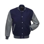 Dark Blue Wool Varsity Jacket With Dark Grey Leather Sleeves