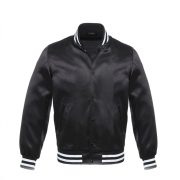 Black Bomber Style Satin Varsity Jacket With White Stripes