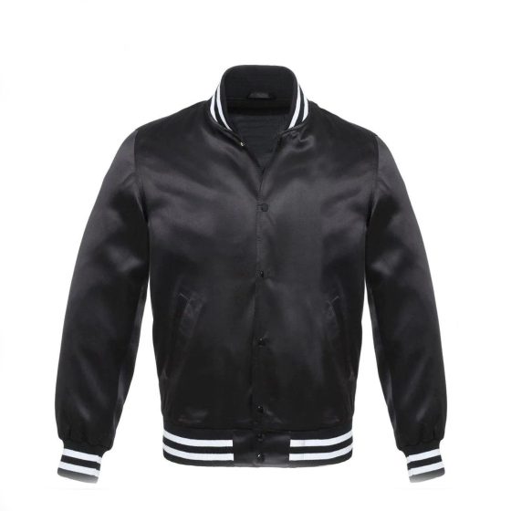 Black Bomber Style Satin Varsity Jacket With White Stripes
