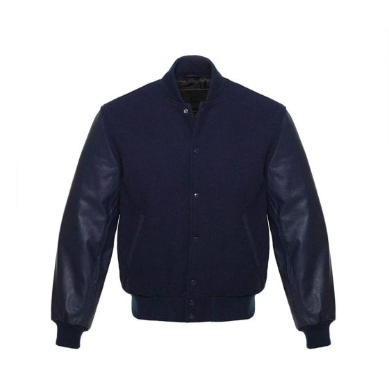 Navy Blue Wool Varsity Jacket With Blue Leather Sleeves