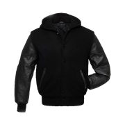 Black Wool Hoodie Varsity Jacket With PU Leather Sleeves
