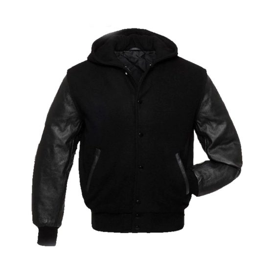 Black Wool Hoodie Varsity Jacket With PU Leather Sleeves