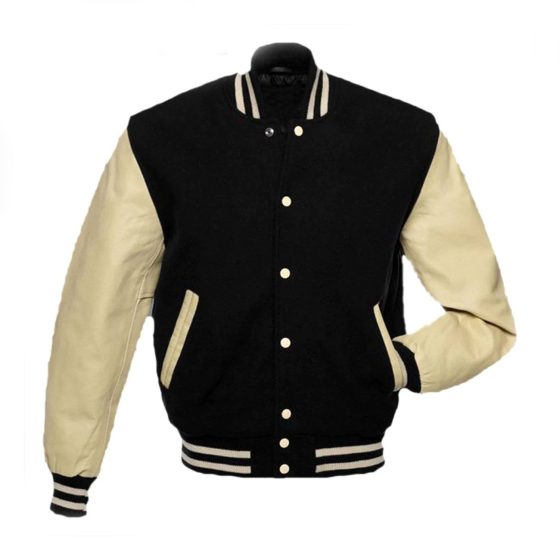 American Black Wool College Varsity Jacket With Cream PU Leather Sleeves