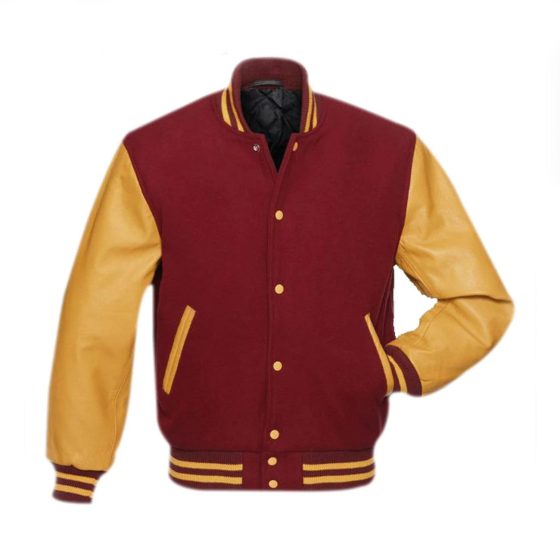 Red Fleece Varsity Jacket With Cardianl Gold PU Sleeves