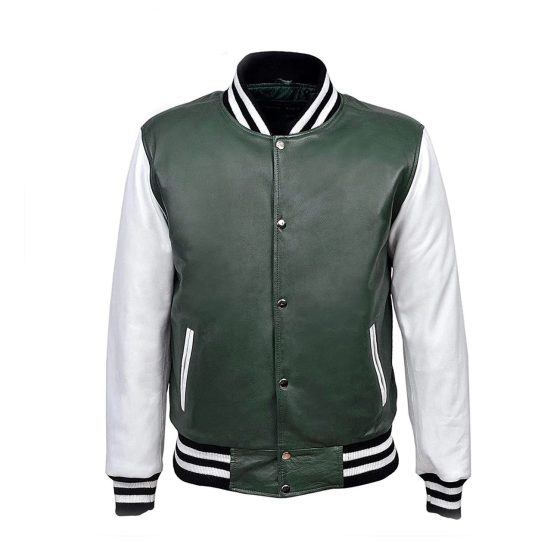 Men's Dark Green And White Varsity Baseball Jacket