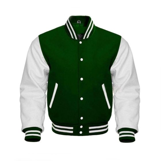 Green Letterman Wool & White Leather Varsity Jacket