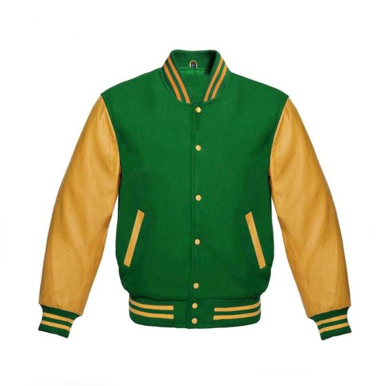 Green Wool & Gold Leather Sleeves Varsity jacket
