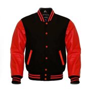 Black Wool & Red Leather Sleeves Varsity jacket