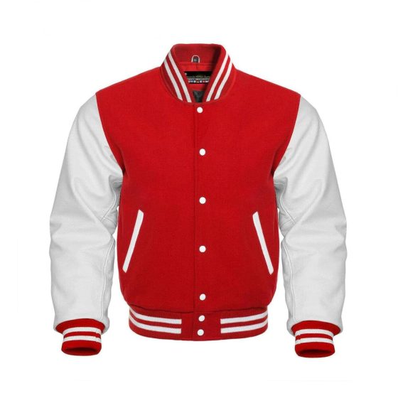 Red Wool & White Leather Sleeves Varsity jacket