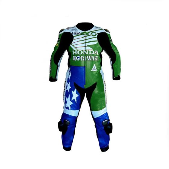 American Honda Moriwaki Motorcycle Racing Leather Suit - Green