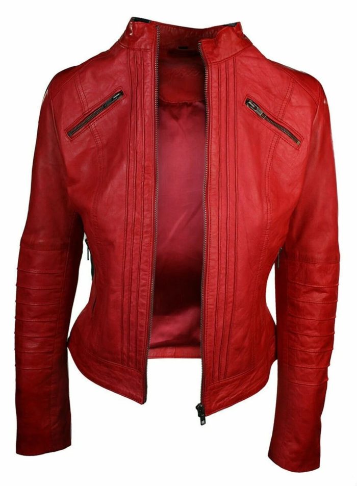 Ladies Biker Red Real Leather Slim Fit Jacket - Image 2
