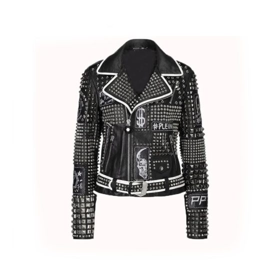 Handmade Women Philip Plein Black Fashion Studded Punk Style Leather Jacket