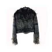 Handmade Women's Black Fashion Long Studded Punk Style Leather Jacket