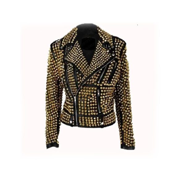 Handmade Women's Black Fashion Golden Studded Punk Style Leather Jacket
