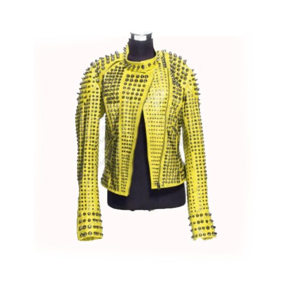 New Handmade Women's Yellow Fashion Studded Punk Style Leather Jacket