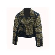 Handmade Womens Black Fashion Golden Studded Punk Style Leather Jacket