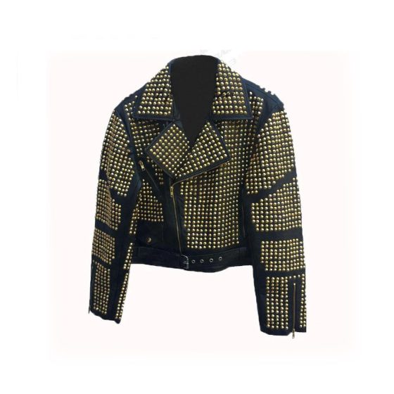 Handmade Womens Black Fashion Golden Studded Punk Style Leather Jacket