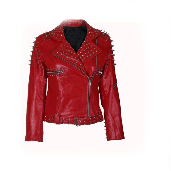 Handmade Womens Red Fashion Studded Punk Style Leather Jacket