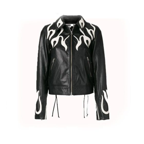 Women Fashion Printed Flame Effect Leather Jacket