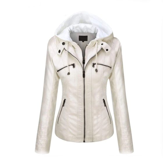Womens Hooded Faux Leather Fashion Jacket