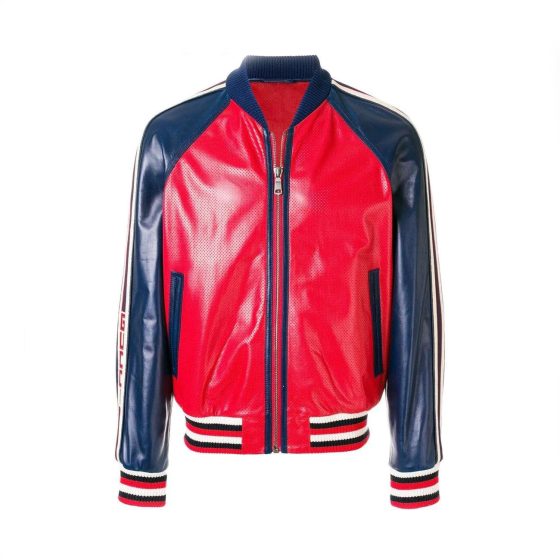 Womens Leather Bomber Jacket with Gucci Logo