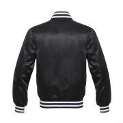 Black Bomber Style Satin Varsity Jacket With White Stripes - Image 3