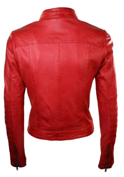 Ladies Biker Red Real Leather Slim Fit Jacket - Image 3