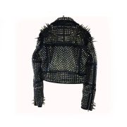 Handmade Women's Black Fashion Long Studded Punk Style Leather Jacket - Image 2