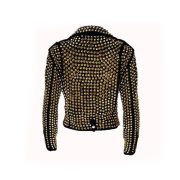 Handmade Women's Black Fashion Golden Studded Punk Style Leather Jacket - Image 2