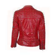 Handmade Womens Red Fashion Studded Punk Style Leather Jacket - Image 2