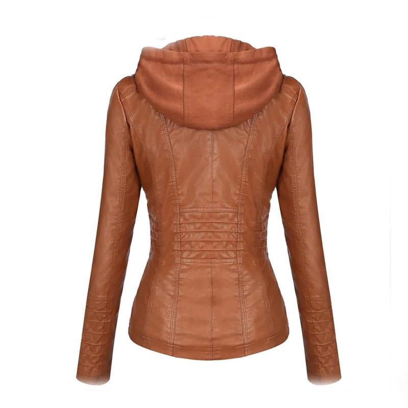 Brown Womens Hooded Faux Leather Fashion Jacket Motocollection
