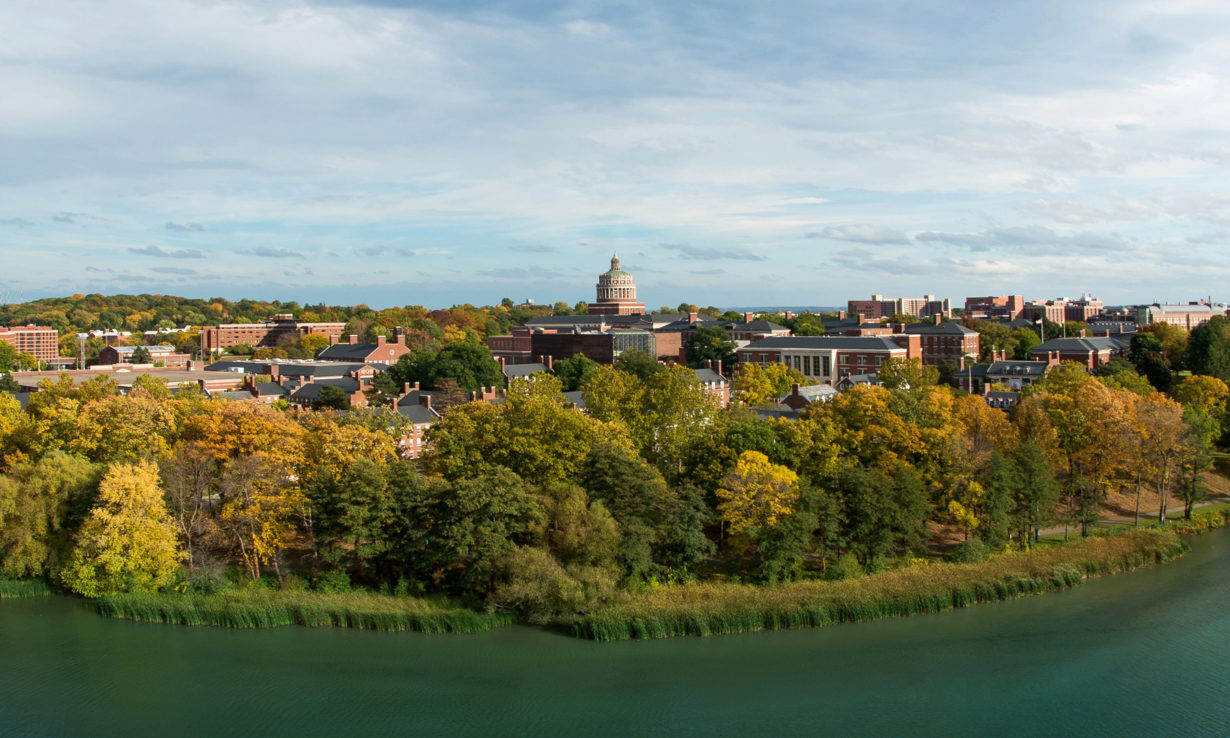 Aerial view of the University of Rochester campus and the Genesee River