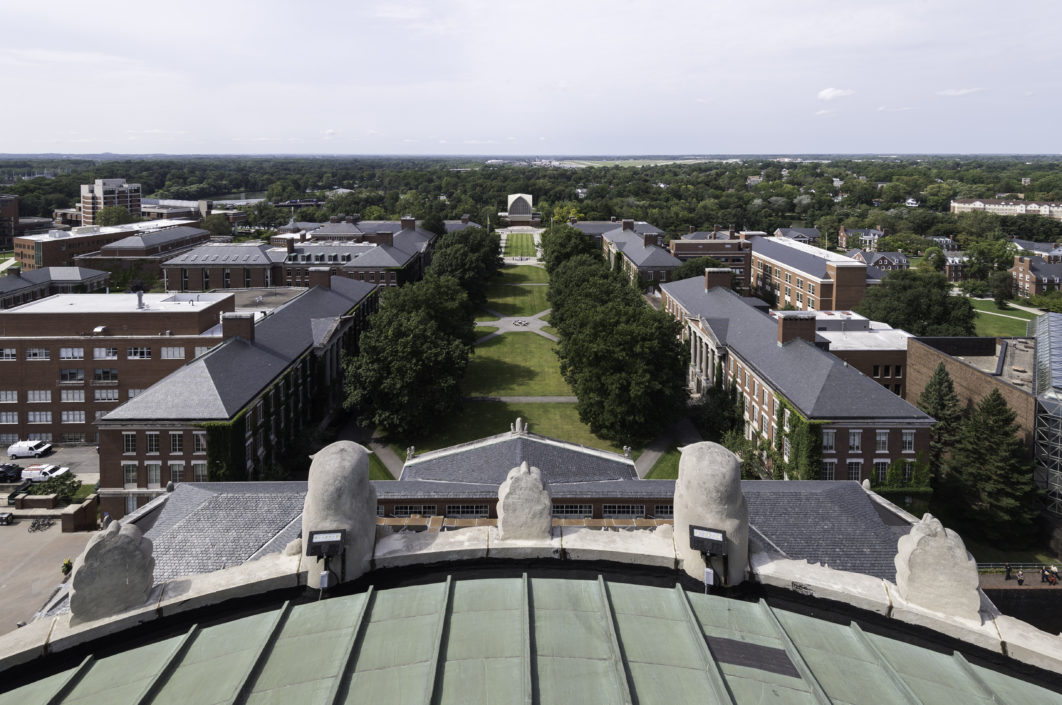 The University of Rochester campus as seen from the top of the Rush Rhees Library Tower, facing the Interfaith Chapel