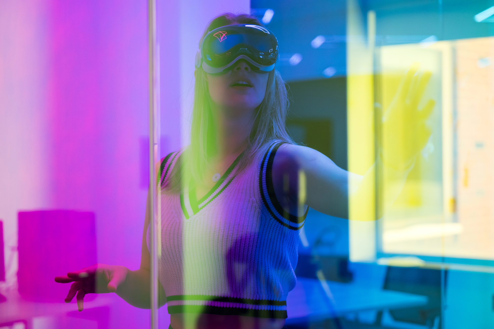 A student wears a VR headset