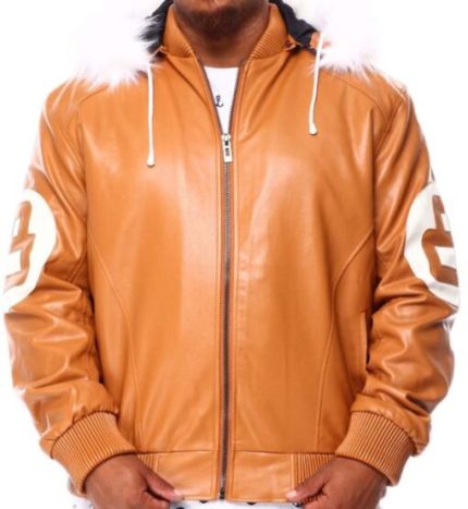 Unisex 8 Ball Orange Fur Hooded Leather Jacket