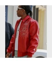 A$AP Rocky Red Bomber Leather Jacket - Image 3
