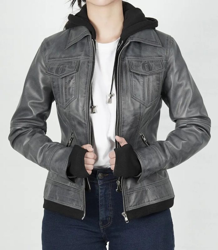 Betty Women’s Dark Grey Waxed Leather Jacket with Detachable Hood