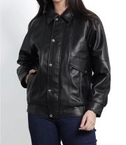 Black Leather Oversized Bomber Jacket for Women