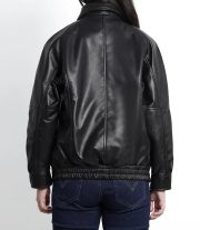 Black Leather Oversized Bomber Jacket for Women