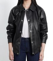 Black Leather Oversized Bomber Jacket for Women