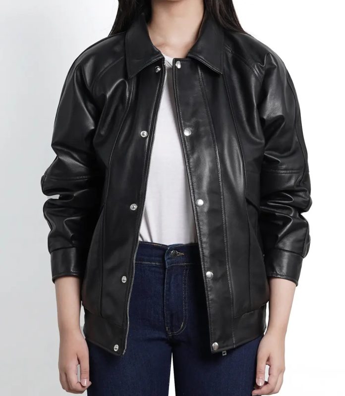 Black Leather Oversized Bomber Jacket for Women