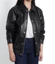 Black Leather Oversized Bomber Jacket for Women