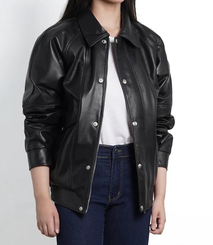 Black Leather Oversized Bomber Jacket for Women