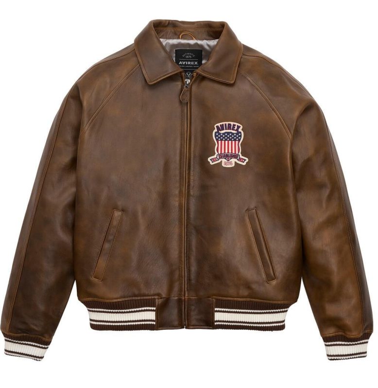 Classic Men's Brown Avirex Leather Bomber Jacket - Front