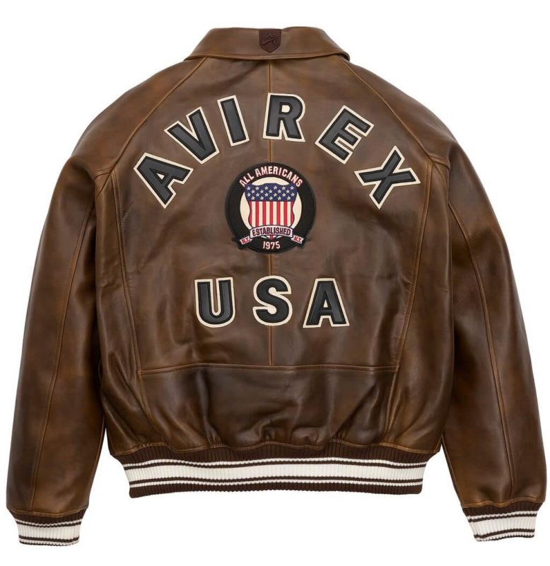 Classic Men's Brown Avirex Leather Bomber Jacket - Back