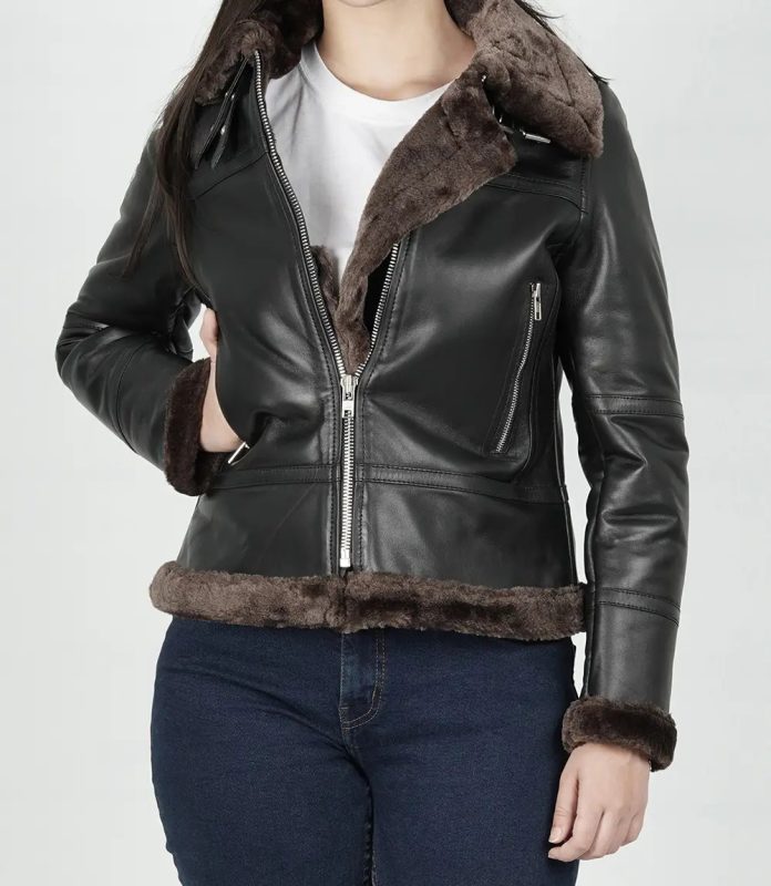 Classic Women’s Dark Brown Leather Bomber with Shearling