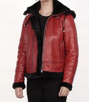 Classic Women's Red Shearling Leather Bomber Jacket with Hood - Image 2
