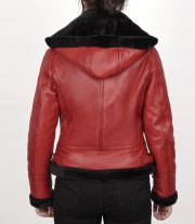 Classic Women's Red Shearling Leather Bomber Jacket with Hood