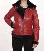Classic Women's Red Shearling Leather Bomber Jacket with Hood