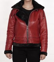 Classic Women's Red Shearling Leather Bomber Jacket with Hood